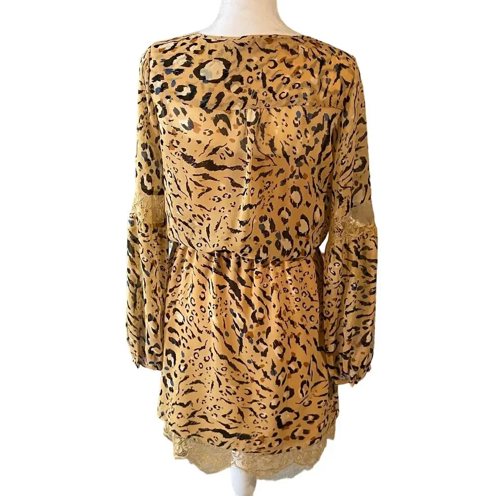 White House Black Market Long Sleeve Beige Animal Print Blouson Dress - Picture 8 of 16